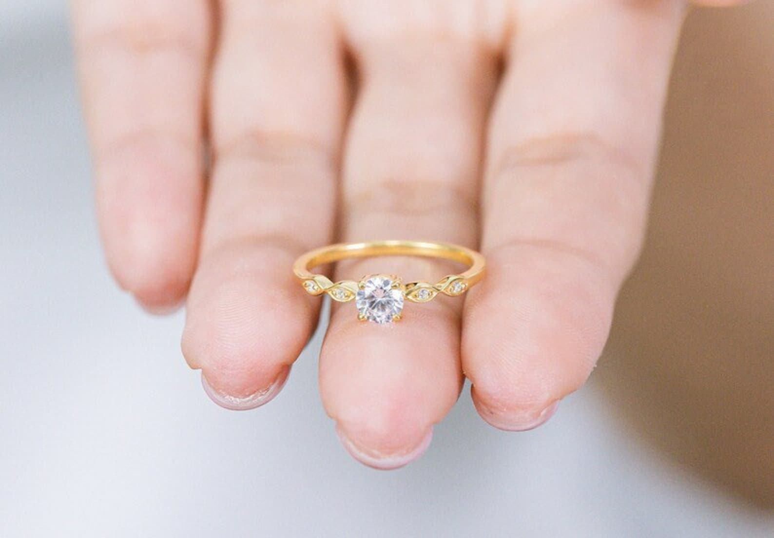 5mm Round Moissanite Engagement Ring, Marquise Set Promise Ring, Diamond Wedding Ring, Bridal Anniversary Ring